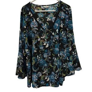 Avenue Blouse Women's 18 20 babydoll Multicolor Boho dark Paisley 3/4 Sleeve pea